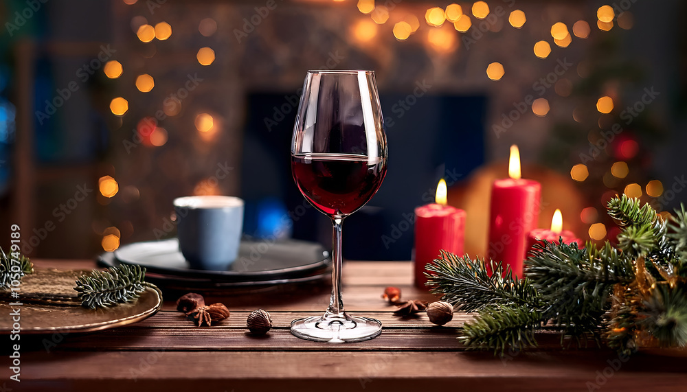 A festive Christmas scene featuring a glass of red wine, glowing candles, and Christmas lights, creating a warm and inviting atmosphere perfect for celebrations A festive Christmas scene featuring a glass of red wine, glowing candles, and Christmas lights, creating a warm and inviting atmosphere perfect for celebrations