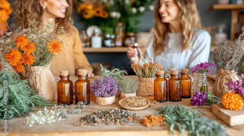 Two women smile while discussing dried flowers and herbs in jars, creating a warm, rustic scene of natural elements.