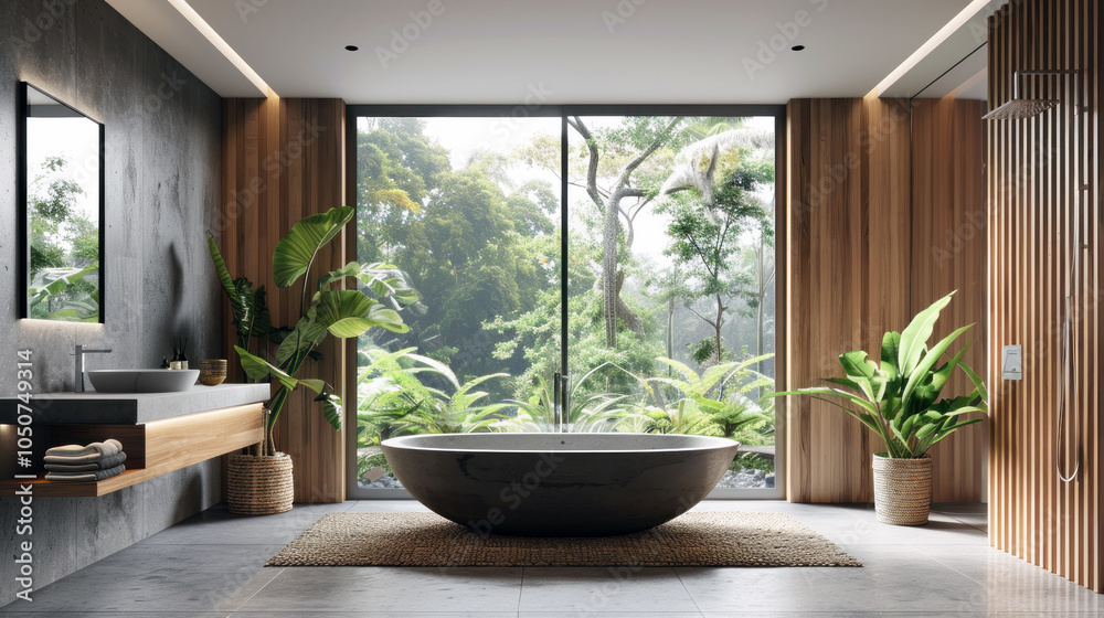 Fototapeta premium Luxurious bathroom with a freestanding tub overlooking a tropical garden, blending modern design with nature.