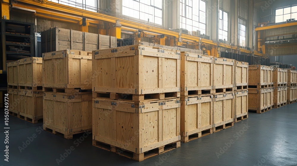 Wooden case stack in warehouse, Custom Crates for Logistics and Distribution in Clean Warehouse Interior. Wooden case stack in warehouse, Custom Crates for Logistics and Distribution in Clean Warehouse Interior.