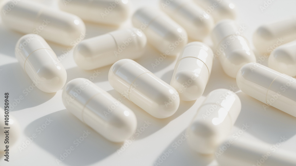 White capsules are scattered on a plain background White capsules are scattered on a plain background