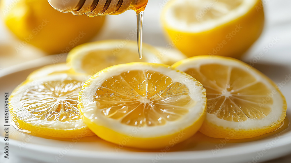 Honey pouring over lemon slices in close-up Honey pouring over lemon slices in close-up