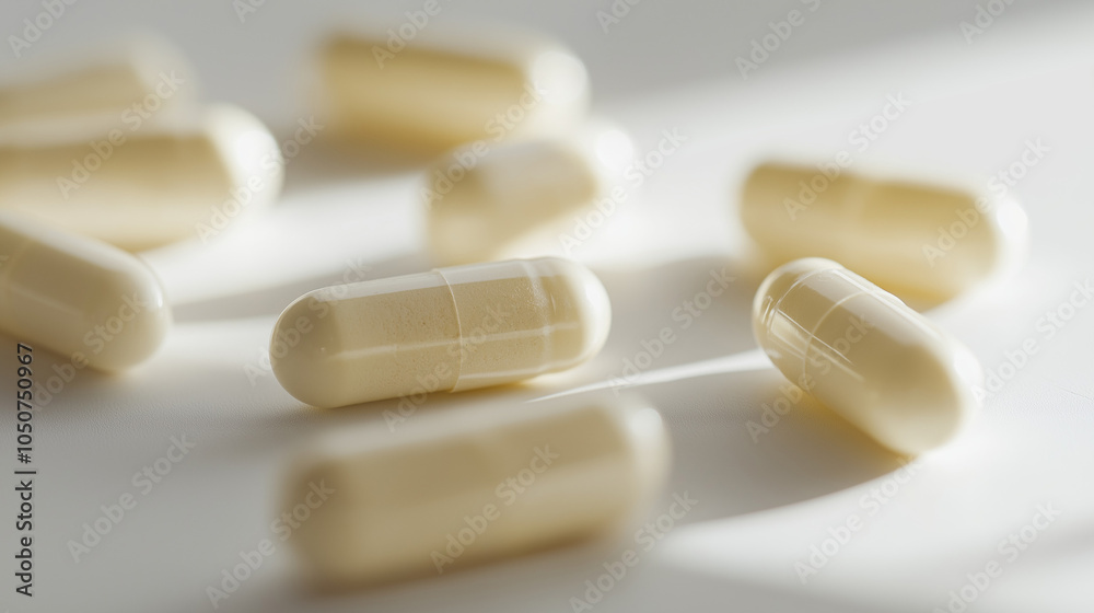 White capsules are scattered on a plain background