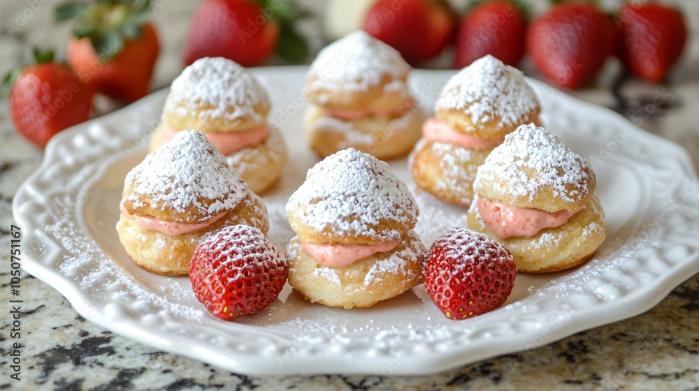 Mini profiteroles filled with strawberry cream, placed on a white porcelain plate, surrounded by fresh strawberries and a dusting of powdered sugar Mini profiteroles filled with strawberry cream, placed on a white porcelain plate, surrounded by fresh strawberries and a dusting of powdered sugar