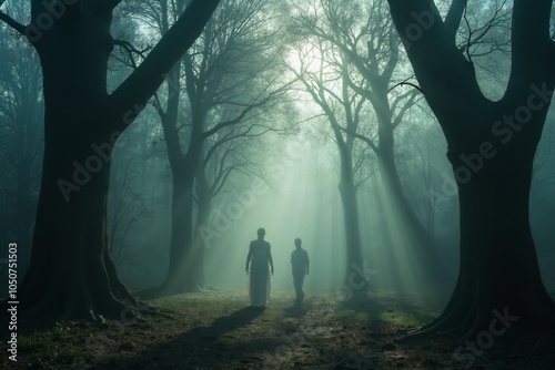 silhouette of a cpuple in the forest night 