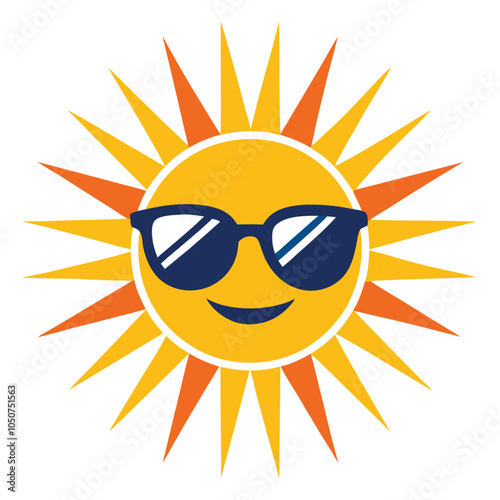 Sun in Sunglasses Emitting Radiant Circular Rays on White Background