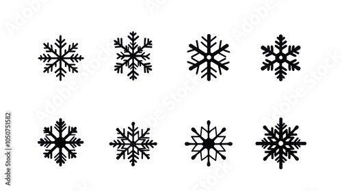 Set of black snowflake icons with different shapes. Elements for design.