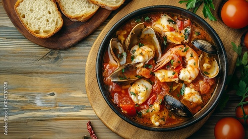 Cacciucco. The most popular Italian dishes. Hearty seafood stew, often with pieces of fish and shellfish in a rich broth.  photo