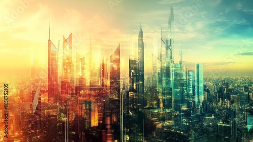 A digital artwork blending symbols of diversity into a futuristic cityscape, Symbolizing technological integration and cultural diversity, photography style