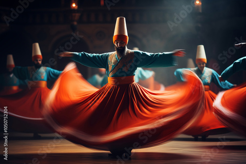 Dervish dancers performing whirling ritual in vibrant red and blue attire