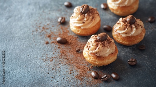 Profiteroles with a light coffee cream filling, placed on a gray slate background, garnished with coffee beans and a dusting of cocoa powder photo