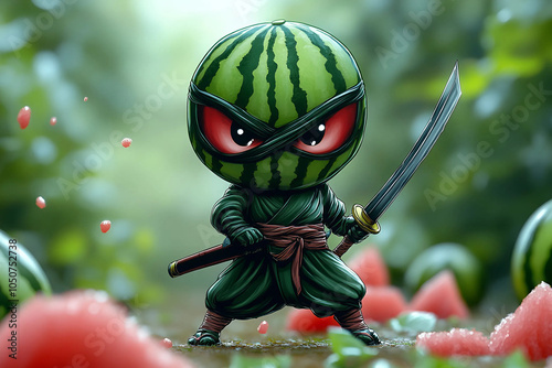 Serial character - watermelon ninja, fierce and determined, wielding a sword surrounded by watermelon slices, fantasy art