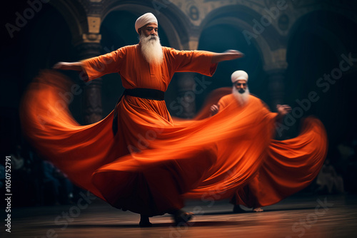 Dervish performer in orange attire participating in spiritual whirling dance photo