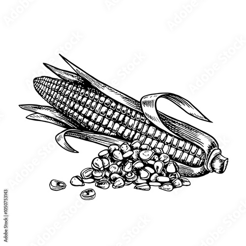 A corn cob and a handful of grains. Vector graphics with the image of corn. Black and white hand-drawn illustration. On a white background. Great for labels, banners, posters and packages.