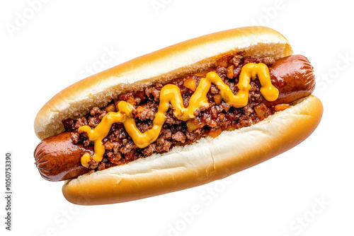 Delicious hot dog with mustard and chili on a soft bun, isolated on white background. transparent background.