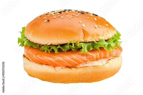 Delicious salmon burger with sesame bun and fresh lettuce. photo