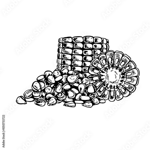 A sliced corn cob and a handful of grains. Vector graphics with the image of corn. Black and white hand-drawn illustration. On a white background. Great for labels, banners, posters and packages.