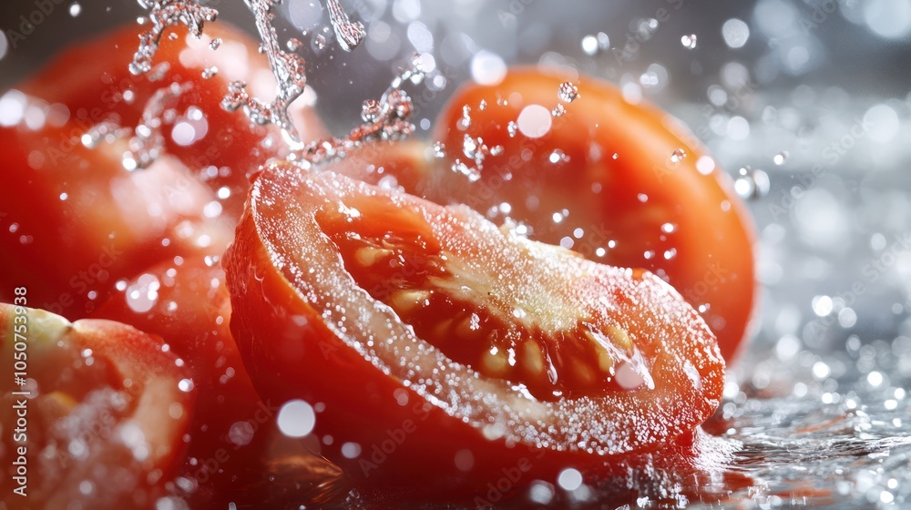 Tossed Juicy Red Tomato Slices with Fresh Water Droplets Tossed Juicy Red Tomato Slices with Fresh Water Droplets