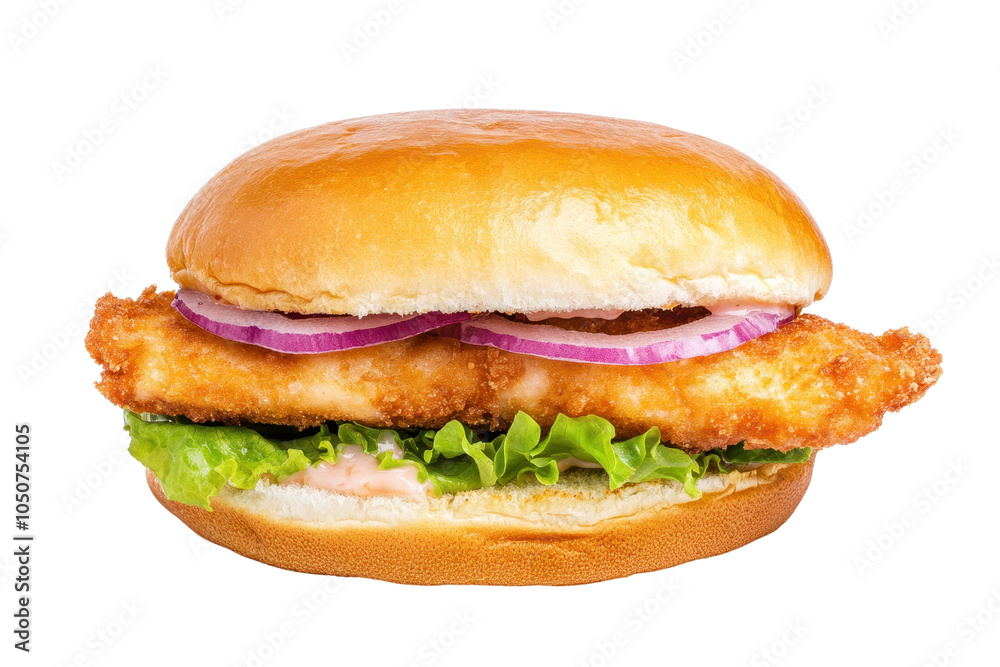 Fried chicken sandwich with lettuce and onion on a soft bun. Fried chicken sandwich with lettuce and onion on a soft bun.