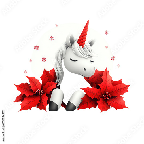 A whimsical unicorn adorned with festive red poinsettias, bringing joy and magic to any holiday celebration.