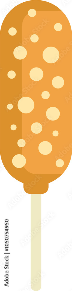 Cartoon corn dog on a stick covered in mustard, being served hot and fresh at a summer barbecue Cartoon corn dog on a stick covered in mustard, being served hot and fresh at a summer barbecue