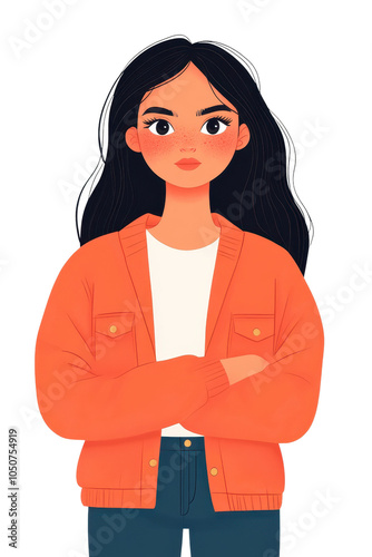 Stylish young woman with long hair, wearing an orange jacket, confident pose.