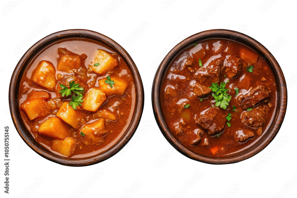 Two bowls of hearty stew with potatoes and beef on a white isolated background. transparent background. Two bowls of hearty stew with potatoes and beef on a white isolated background. transparent background.
