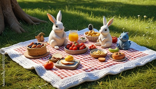 A delightful picnic scene sculpted from clay, featuring an inviting blanket, delicious food, and playful critters enjoying a sunny day outdoors, Generative AI photo