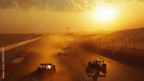 Sleek Open-Wheel Racing Cars at Sakhir Desert Circuit: Dramatic Golden Hour with Approaching Sandstorm, Bird's Eye View, and Extreme Contrast in a Photojournalistic Style. photo