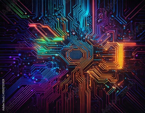 Background of neon coloured line patterns forming circuitboard patterns