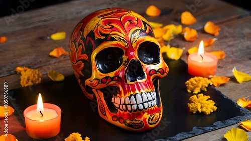 Red and Gold Skull on Slate with Marigolds photo