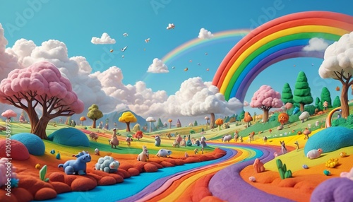An imaginative dreamland crafted from soft plasticine, featuring fluffy clouds, whimsical creatures, and a rainbow arching over a serene landscape, Generative AI