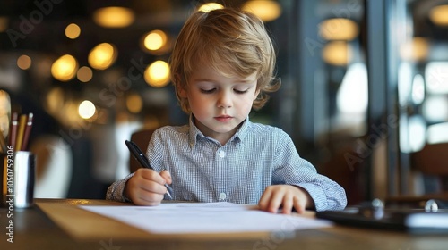 A young entrepreneur child signing a business contract in a professional setting