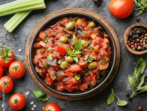 Caponata. The most popular Italian dishes. Colorful eggplant stew, often served warm or at room temperature. Composition: Eggplant, tomatoes, celery, olives, capers, vinegar.