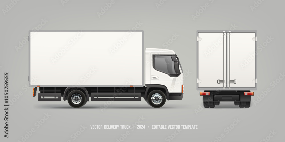 Box Truck Side view and Rear with space for text or your branding design - editable vector template. Realistic White Delivery Truck or Van blank mockup. Back View Delivery Van Box Truck Side view and Rear with space for text or your branding design - editable vector template. Realistic White Delivery Truck or Van blank mockup. Back View Delivery Van