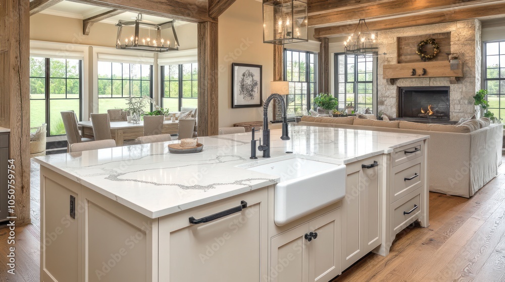 Modern kitchen with an island, sink, and cozy living area featuring a fireplace. Modern kitchen with an island, sink, and cozy living area featuring a fireplace.