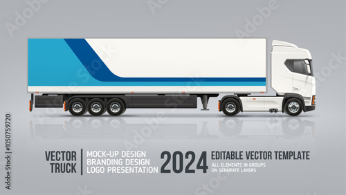 Side view Trailer Truck mockup with branding graphics. Realistic vector Truck with abstract blue stripe branding design. Modern semi truck trailer for horizontal AD banner. Vehicle branding