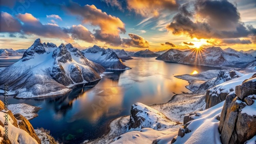 panoramic nordic fjord Raftsund in winter, peaceful snow sunrise, seascape with mountains and dramatic clouds, Stortinden, Vesteralen, Norway, Europe photo