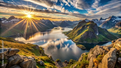 panoramic nordic fjord Raftsund in summer, peaceful scandinavian sunset, seascape with mountains and dramatic clouds, Stortinden, Vesteralen, Norway, Europe