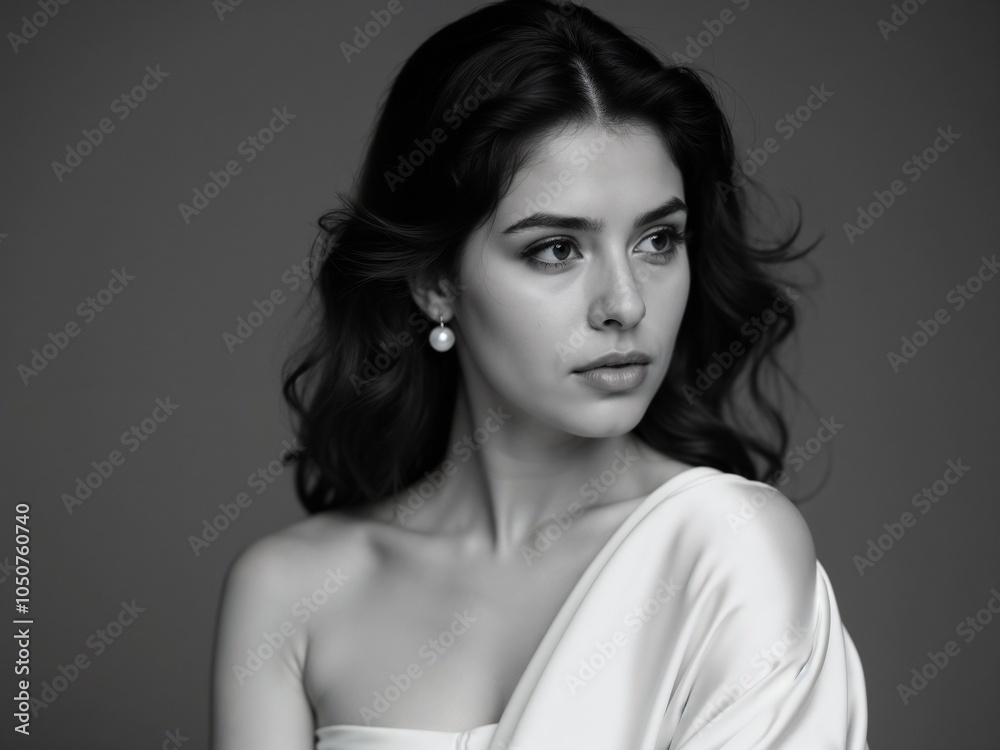 Fototapeta premium Elegant Portrait of a Young Woman in Soft Lighting with Flowing Hair and Pearl Earrings
