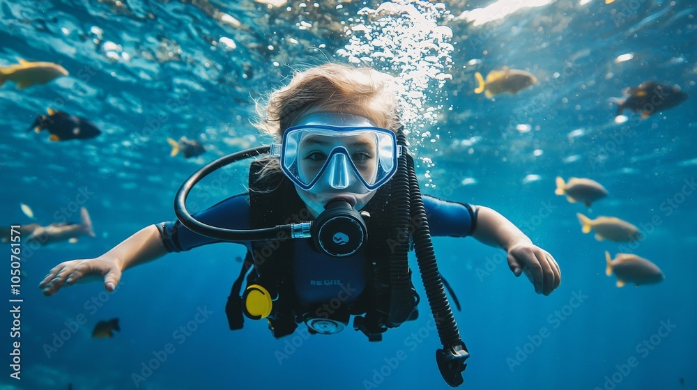 A young explorer child diving with marine life, conducting underwater research with scuba gear A young explorer child diving with marine life, conducting underwater research with scuba gear