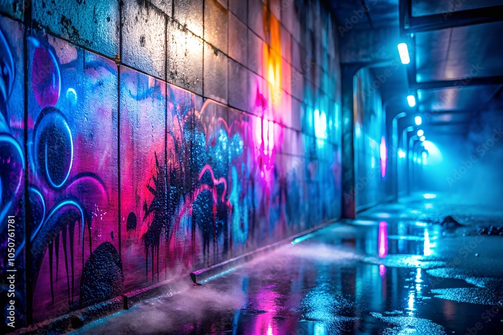 Wet graffiti wall background with vibrant neon lights reflecting on wet concrete, creating an urban, colorful atmosphere. Wet graffiti wall background with vibrant neon lights reflecting on wet concrete, creating an urban, colorful atmosphere.