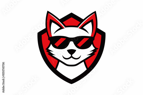 Cat head mascot with red sunglasses vector logo design vector illustration with shield on white.