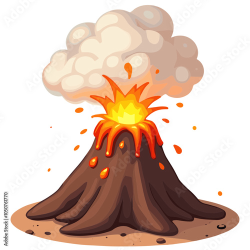 Erupting volcano vector illustration with ash cloud and lava splash,  
