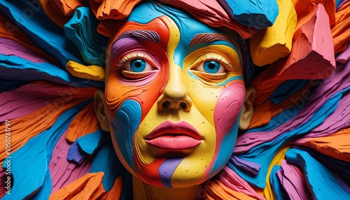 An abstract face made from vibrant plasticine, featuring exaggerated features and unconventional colors, exploring the boundaries of reality and perception in a surreal art piece, Generative AI