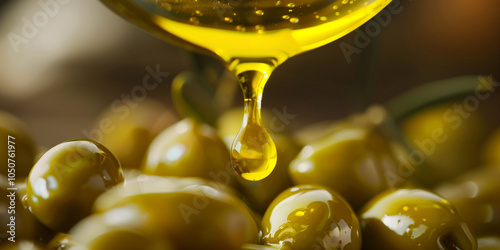 Extra virgin olive oil flowing and dripping onto fresh olive fruits, close up fresh natural green background for olive oil advertisement