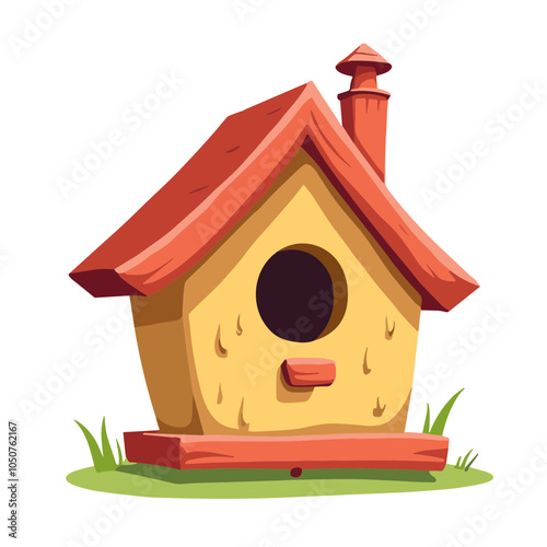 Garden birdhouse vector illustration with grass, spring decoration