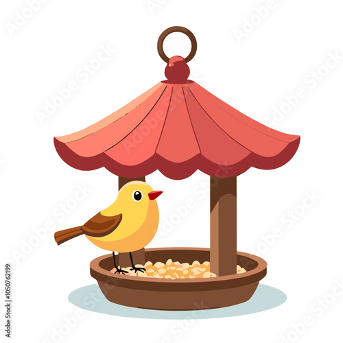 Bird feeder vector illustration with yellow bird, garden accessory