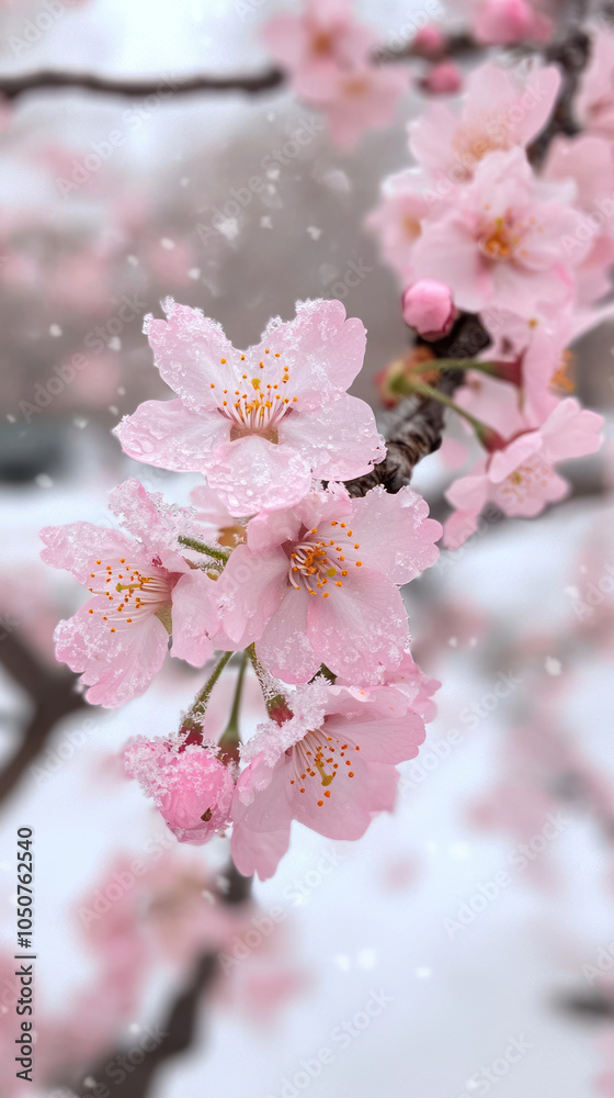 Delicate cherry blossoms adorned with soft snowflakes create serene winter scene, showcasing natures beauty and tranquility Delicate cherry blossoms adorned with soft snowflakes create serene winter scene, showcasing natures beauty and tranquility