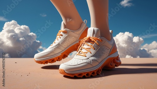 An imaginative pair of shoes made from bright modeling clay, featuring clouds instead of laces, allowing the wearer to walk on air in a surreal fashion, Generative AI